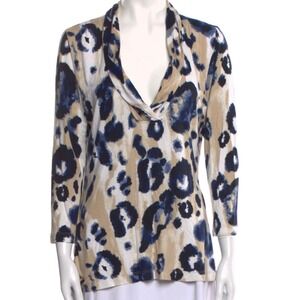 St. John Animal Print Cowl Neck 3/4 Sleeve Top Beige‎ Blue Women's Size S